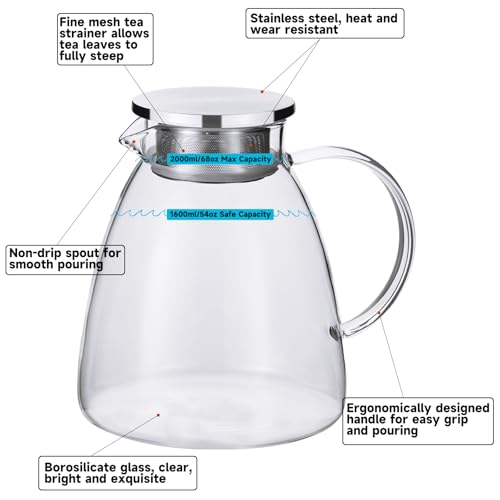 68OZ 2000ML One Touch Glass Teapot with Stainless Steel Filter Lid (68OZ (Square Bottom))