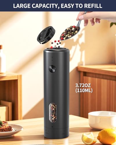 Rechargeable Electric Salt and Pepper Grinder Set with Charging Base (Midnight Black)