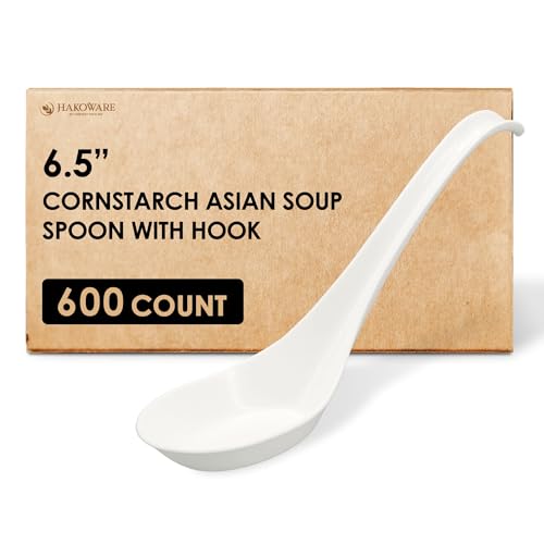 Disposable PLA Cornstarch Asian Soup Spoons with Hook Plastic (6.5 inch)