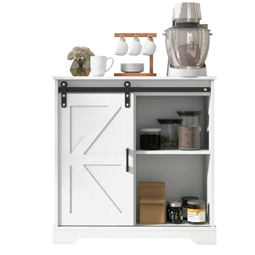 Sliding Barn Door Buffet Sideboard Storage Cabinet Coffee Bar Kitchen Farmhouse Style (White)