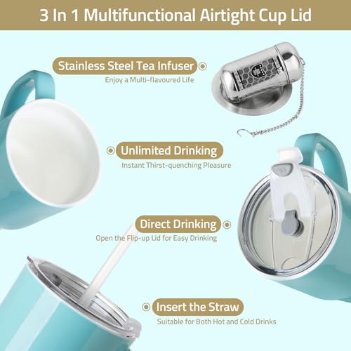 Sweejar Ceramic Tea Cup with Lid (Turquoise / Travel Cup(16 Fl Oz))