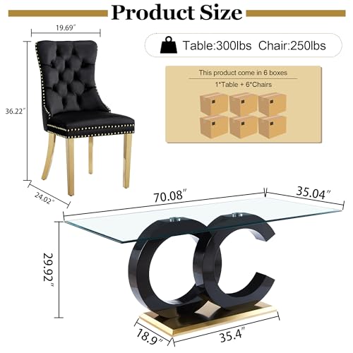 7 Piece Glass Dining Table Set for 6 (Black Table & Gold Black Chair / 7-Piece Set-OC-Shaped Table)