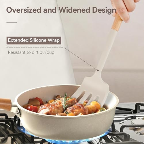 6 Pcs Silicone Kitchen Utensils Set Wood Handle BPA (Khaki-A / 6 Piece)