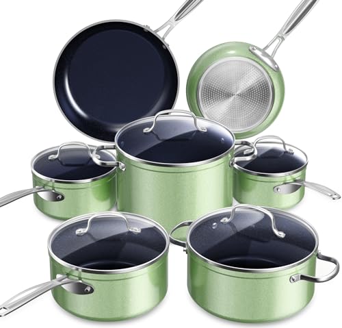 Healthy Duralon Blue Ceramic Nonstick Cookware Set (Metallic Pistachio Green / 12pc Cookware Set / Cookware Set)
