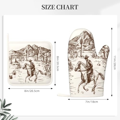 Western Cowboy Oven Mitts and Pot Holders 4 pcs Set Silicone West Cowboy Riding Horse in Desert Kitchen Oven Mitt Gloves Cowboy Pot Holders Non (Beige)