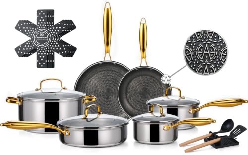 17 Pcs Stainless Steel Cookware Set (Stainless Steel & Gold Handle)