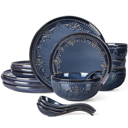 16 Piece Handcrafted Ceramic Dinnerware Set (Damask Floral (16 Pieces) (Blue))