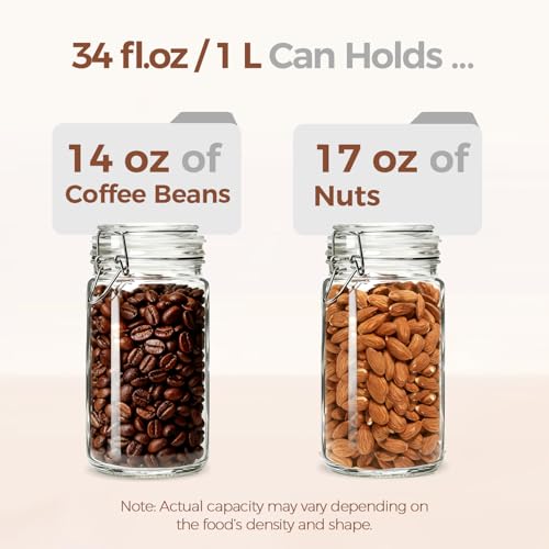 Glass Pantry Jars with Airtight Lids 34 oz 3 Pack Coffee Canisters (34 fl oz x 3)