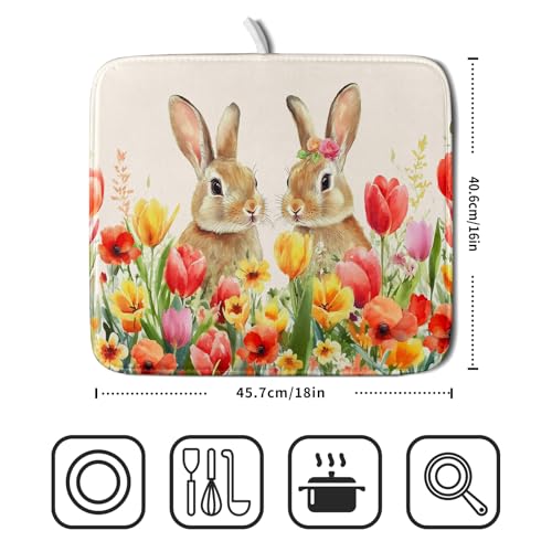 Easter Bunny Dish Drying Mat 16x18 inch Spring Floral Drying Pad Holiday Absorbent Microfiber Dishes Drainer Protector for Kitchen Counter (Bunny Floral / 16" x 18")