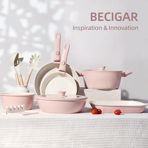 23pcs Ceramic Pots and Pans Set (Pink 23 Pcs)