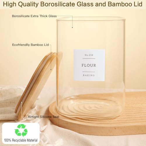 Large glass flour and sugar containers with 132 Kitchen Pantry Labels (110OZ)