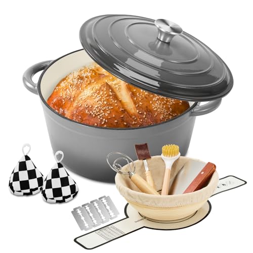 Enameled Cast Iron Dutch Oven pot 6.5 QT with Lid for Bread Baking (Gray)