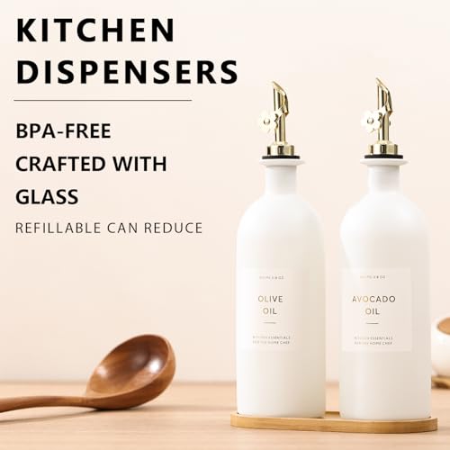 Olive Oil Dispenser for Kitchen (16oz-White&Gold Spout+Tray / 16 fl oz)