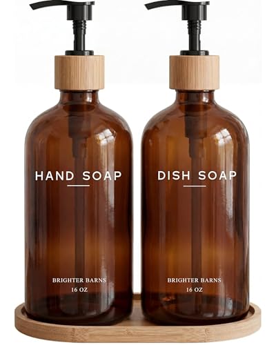 Amber Glass Hand and Dish Soap Dispenser Set by Brighter Barns (Amber Hd)