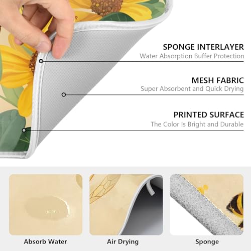 Honey Bee Dish Drying Mat for Kitchen Counter Absorbent Microfiber Large Drying Pad Yellow Flowers Leaves Dish Mats for Kitchen Countertops 18 x 24 Inch117 (24" x 18")