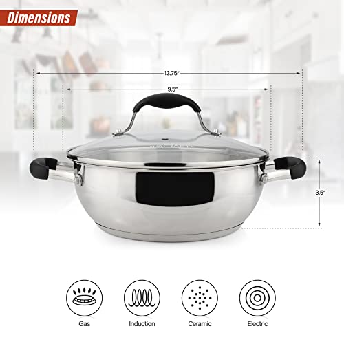 9 Inch 18 10 Stainless Steel Everyday Pan with Glass Lid (4.8 Quarts)