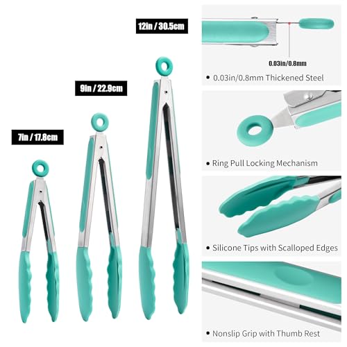 Kitchen Tongs with Silicone Tips for Cooking Serving (Set of 3 (7+9+12in) / Aqua Sky)