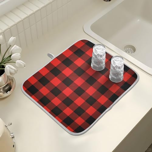 Christmas Red Black Buffalo Plaid Dish Drying Mat for Kitchen Counter Absorbent Microfiber Large Drying Pad Dish Mats for Kitchen Countertops 18 x 24 Inch (24" x 18")