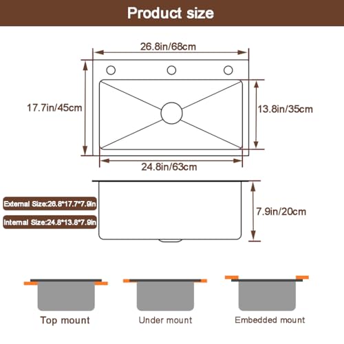Black Drop in Kitchen Sink (With Faucet / 26.8 * 17.7 * 7.9in)