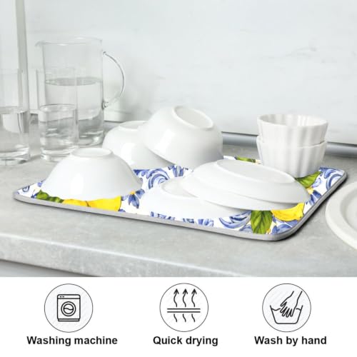 Lemon Blue Tiles Dish Drying Mat for Kitchen Counter Absorbent Microfiber Drying Pad (16" x 18")