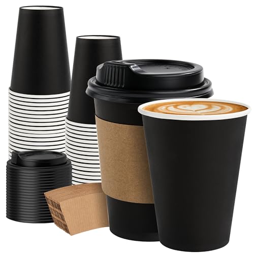 50 Pack 12 oz Disposable Coffee Cups with Lids and Sleeves (Black / 12 oz)