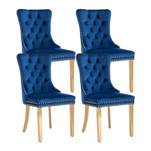 Blue Velvet Dining Chairs Set of 4 (Natural Blue)