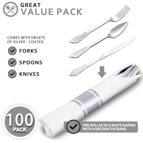 400PCS Pre Rolled Silver Plastic Silverware Sets Fancy for Wedding (Silver - Fancy)