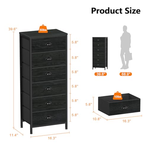 Black Dresser for Bedroom (Black Oak / 11.5"D x 16"W x 39.6"H (6 Drawers))