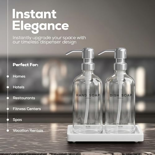 Glass Hand and Dish Soap Dispenser Set by Brighter Barns (Clear/Silver Hd)