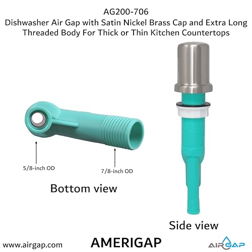 Dishwasher Air Gap with Skirted Satin Nickel Brass Cap and Extra Long Threaded Body for Thick or Thin Kitchen Countertops (AG200-706)