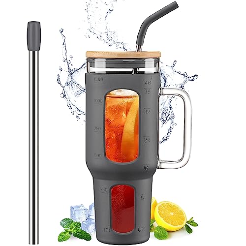 Glass Tumbler with Lid and Straw (Gray / 46 Ounces)