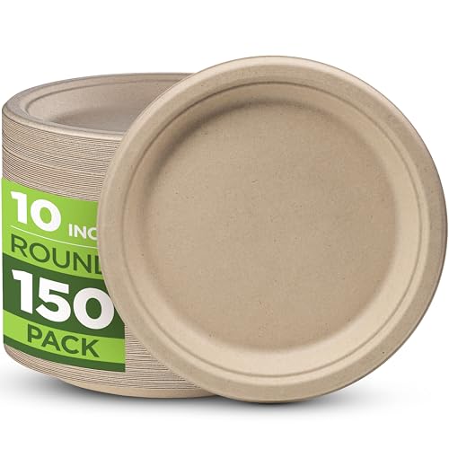 100% Compostable Paper Plates 150 Pack (10 Inch)