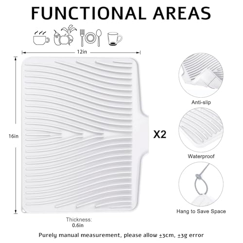 Silicone Dish Drying Mat for Kitchen Counter (White-2pcs / 16" x 12")