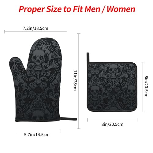 Victorian Gothic Black Skull Damask Oven Mitts and Pot Holders Sets of 4 (One Size / Black Skull)