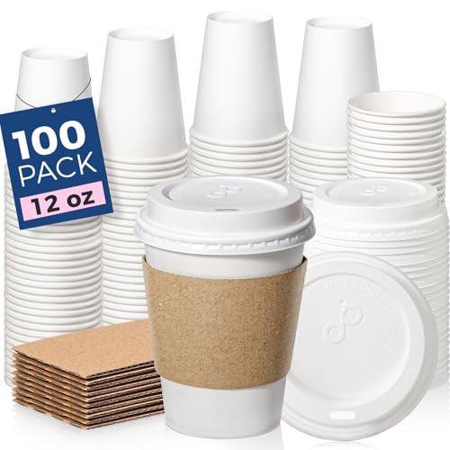 100 Pack 12 oz Disposable Coffee Cups with Lids (12 oz / Classic)
