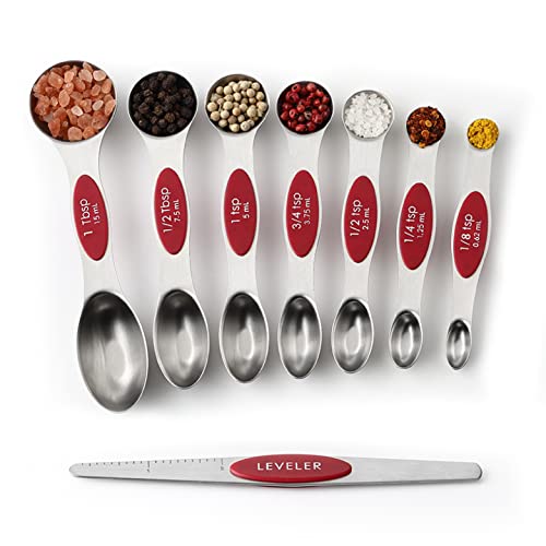Stainless Steel Magnetic Measuring Spoons Set of 8 (Red / 1-Pack)