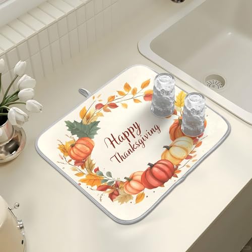Pumpkin Happy Thanksgiving Dish Drying Mat for Kitchen Counter Absorbent Microfiber Large Drying Pad Dish mats for Kitchen Countertops 18 x 24 Inch (Thanksgiving Happy / 24" x 18")