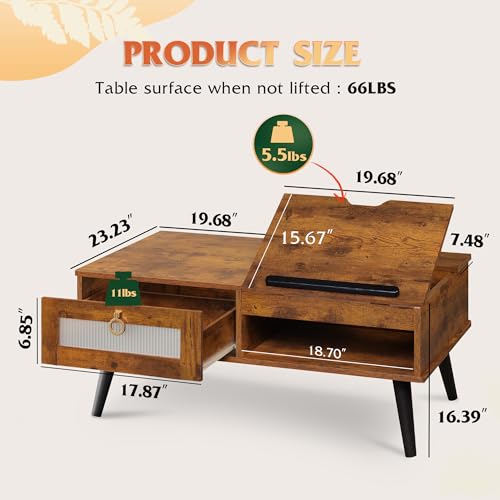 Coffee Table Lift Top Coffee Table with Storage Shelf (Retro Brown / 39" with Drawer)