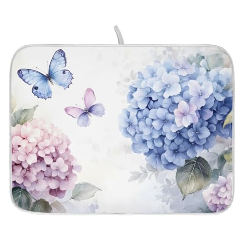 Blue Pink Hydrangea Spring Floral Dish Drying Mat for Kitchen Counter Absorbent Microfiber Small Drying Pad Dish Mats for Kitchen Countertops 16 x 18 Inch (18" x 16")
