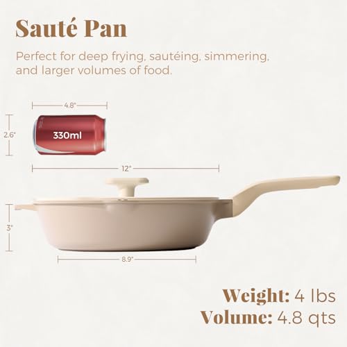 Nonstick Deep Frying Pan with Glass Lid (12 Inch / Natural Linen)