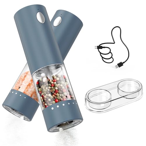 Electric Salt and Pepper Grinder Set Rechargeable Salt and Pepper Mills with Storage Base (Blue)