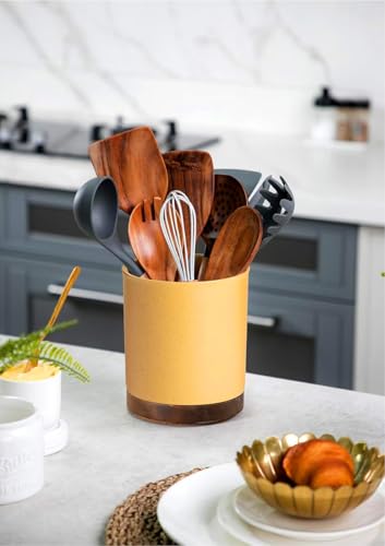 Ceramic Rotating Kitchen Utensil Holder for Countertop (Yellow Sand)