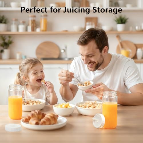 8pack Stripe 16oz Glass Juice Bottles with Lids & Straws & Juicing Recipe (Transparent with Stripe / 16oz-8pack)