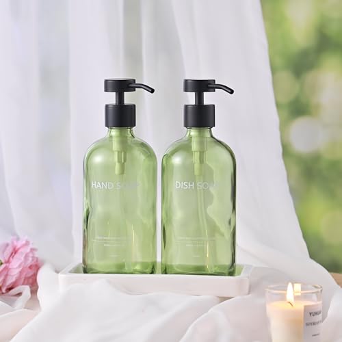 Glass Kitchen Soap Dispenser Set with Ceramic Tray (Green Bottles + Black Pumps)