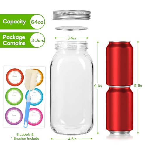 64oz Glass Wide Mouth Mason Jars (Silver Split Lids-64oz)