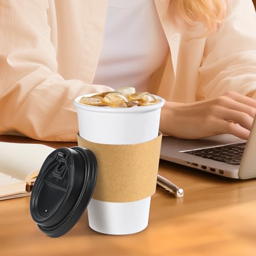 100 Pack 16 oz Disposable Coffee Cups With Lids and Sleeves (White / 16OZ-100Pack)