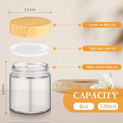 12 Pcs 4oz Glass Jars with Lids Empty Small Glass Containers and Inner Liners Reusable Cosmetic Jars Round Airtight Bottles with Plastic Wood Grain Lids for Travel (12 Count)