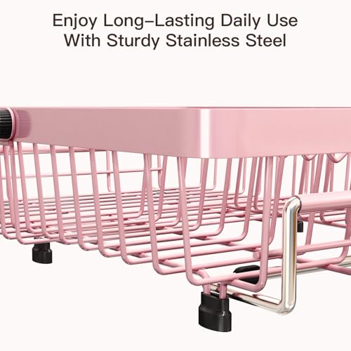 Pink Expandable Dish Drying Rack Over Sink with Extra Drying Mat (Pink / For 13"-30" W Sink with Mat)