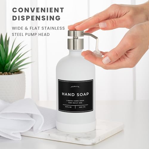 Hand and Dish Soap Dispenser for Kitchen and Bathroom (Matte White Bottle / Brushed Silver Pump)