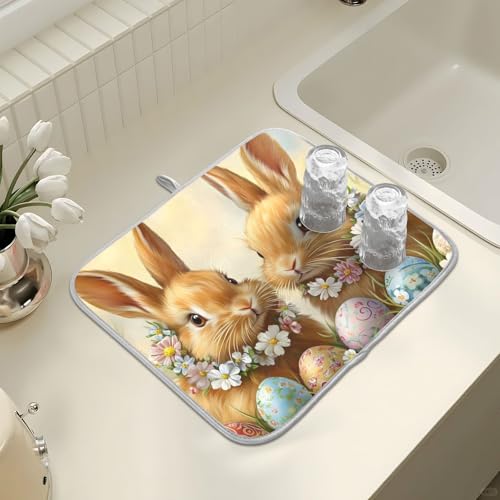 Cute Rabbit Bunny Easter Eggs Dish Drying Mat for Kitchen Counter Absorbent Microfiber Large Drying Pad Dish Mats for Kitchen Countertops 18 x 24 Inch (24" x 18")